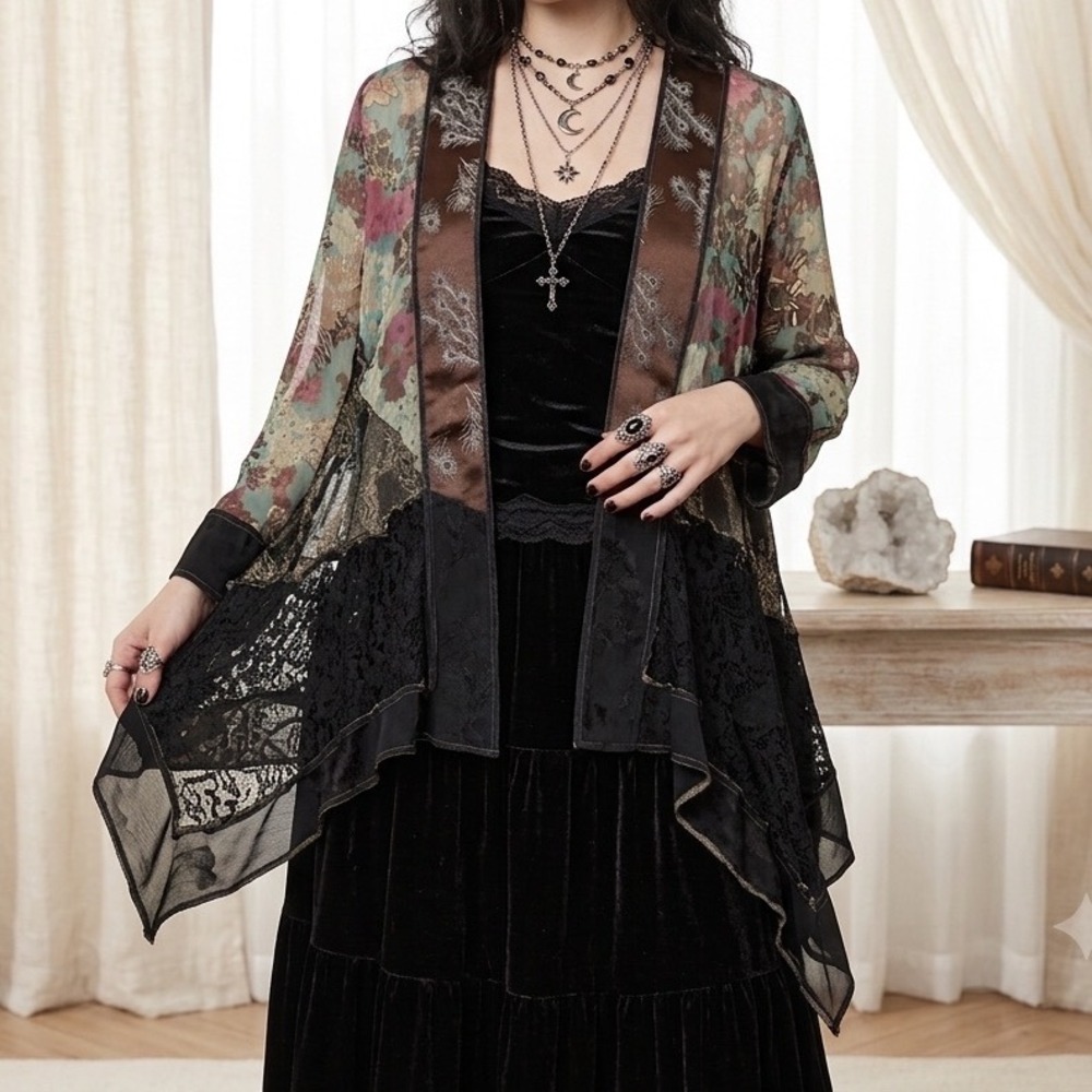 Violet Kay M Mixed Media Patchwork Lace Floral Cardigan Kimono Black Whimsigoth